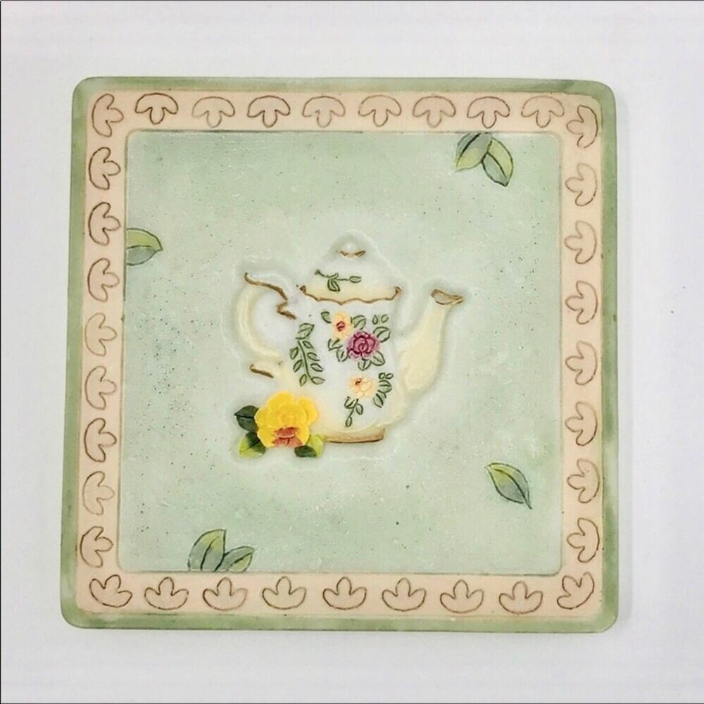 Vintage Yellow Rose & Teapot 4 Coaster Set Resin Green & White